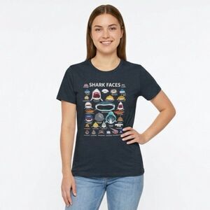 Shark Faces Graphic T-Shirt Womens Size S Black Short Sleeve Marine Life Tee